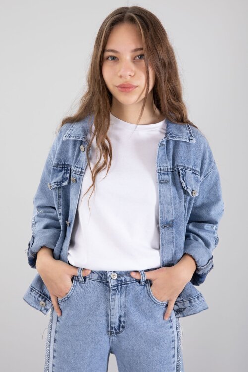 Mavi Taş Detaylı Düğmeli Ceketli Pantolonlu Kız Çocuk Jean Takım 23467