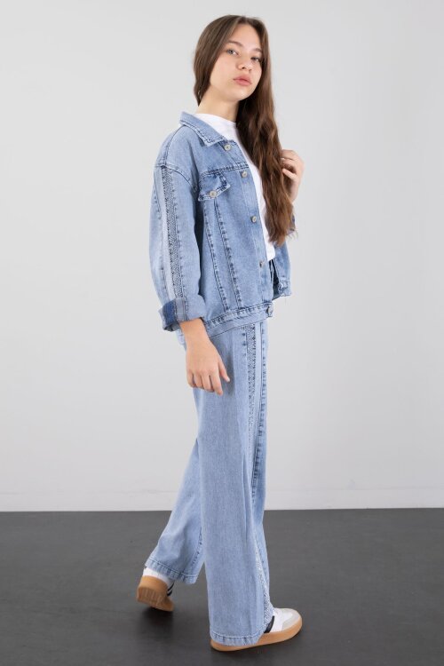 Mavi Taş Detaylı Düğmeli Ceketli Pantolonlu Kız Çocuk Jean Takım 23467