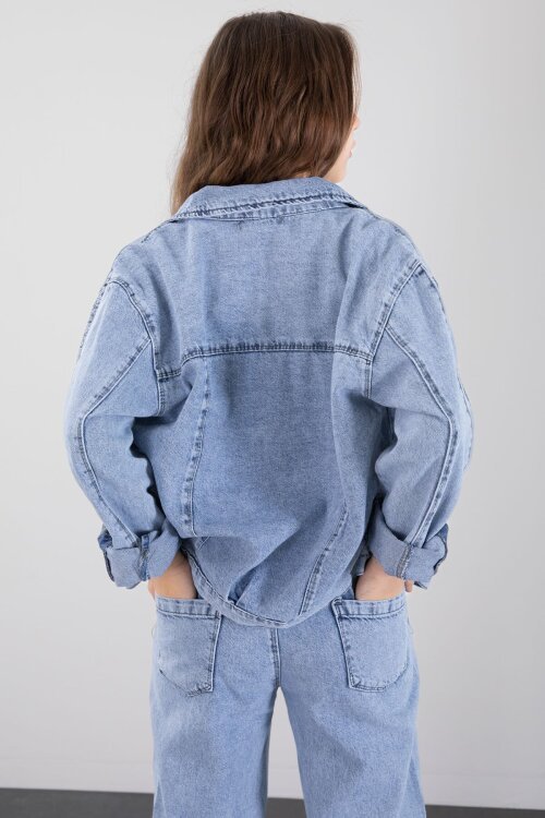 Mavi Taş Detaylı Düğmeli Ceketli Pantolonlu Kız Çocuk Jean Takım 23467