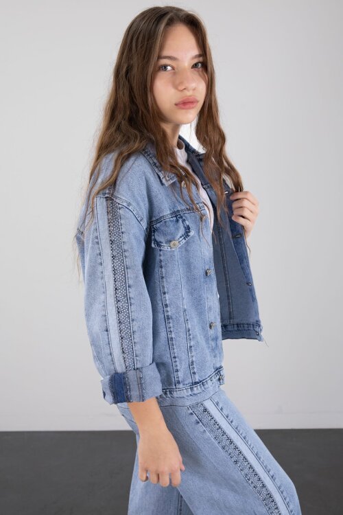 Mavi Taş Detaylı Düğmeli Ceketli Pantolonlu Kız Çocuk Jean Takım 23467