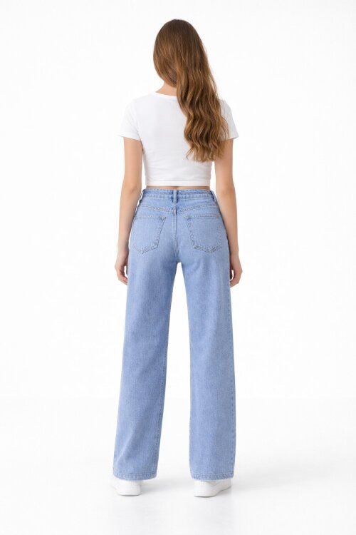 Mavi Taş İşlemeli Geniş Paça Beli Lastikli Kız Çocuk Jean Pantolon 23738