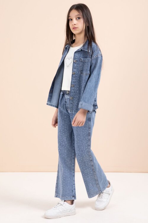 Mavi Taşlı Jean Gömlekli Kız Çocuk Geniş Paça 3lü Jean Takım 23441