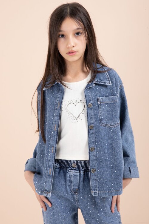 Mavi Taşlı Jean Gömlekli Kız Çocuk Geniş Paça 3lü Jean Takım 23441