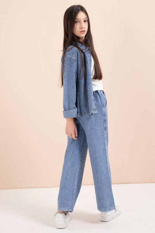 Mavi Taşlı Jean Gömlekli Kız Çocuk Geniş Paça 3lü Jean Takım 23441