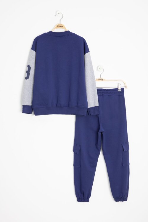 Mavi Yazı Nakışlı Kolej Ceketli Erkek Çocuk Eşofman Takımı 21224