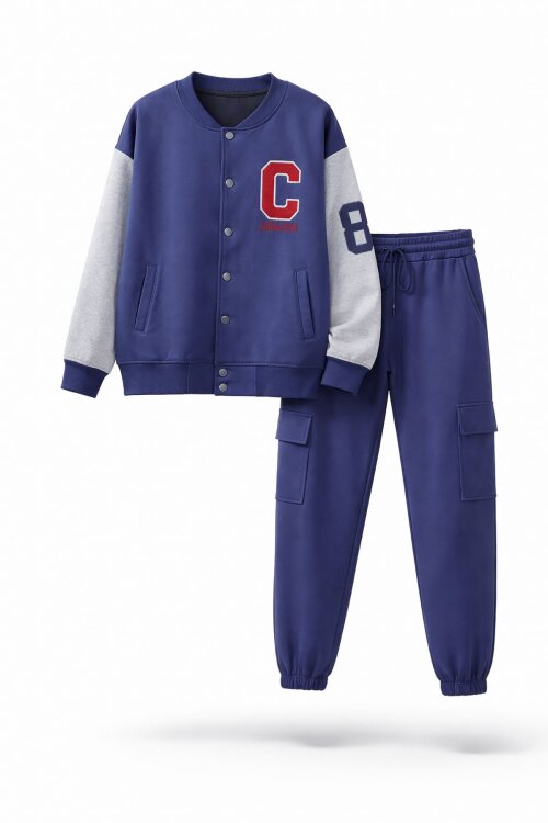 Mavi Yazı Nakışlı Kolej Ceketli Erkek Çocuk Eşofman Takımı 21224