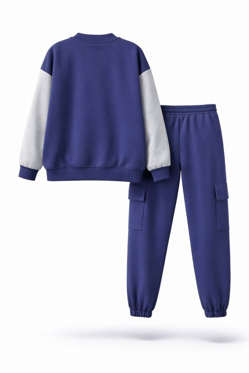 Mavi Yazı Nakışlı Kolej Ceketli Erkek Çocuk Eşofman Takımı 21224