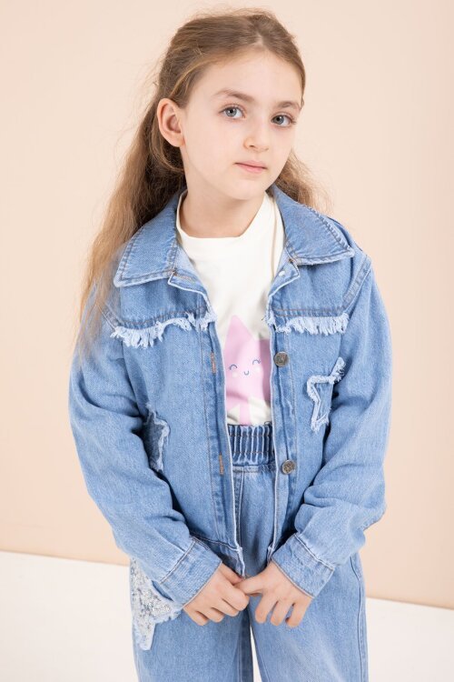 Mavi Yıldız Nakışlı Ceketli  Kız Çocuk 3lü Jean Takım 23442