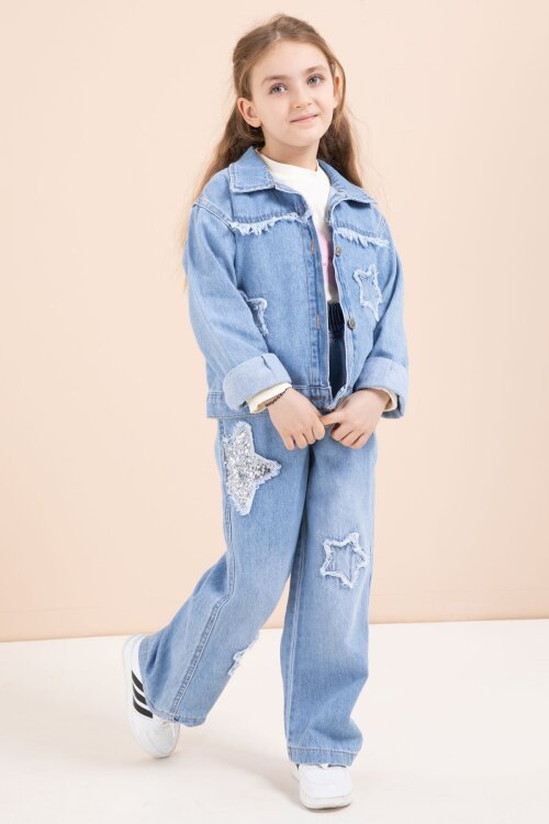 Mavi Yıldız Nakışlı Ceketli  Kız Çocuk 3lü Jean Takım 23442