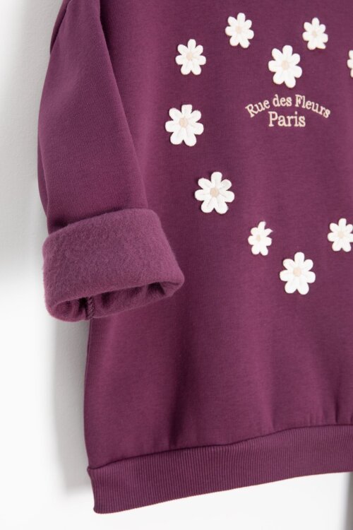 Mor Çiçek Nakışlı Şardonlu Kız Çocuk Geniş Paça Eşofman Takımı 23347