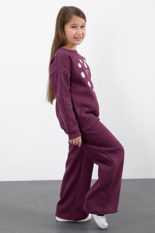 Mor Çiçek Nakışlı Şardonlu Kız Çocuk Geniş Paça Eşofman Takımı 23347