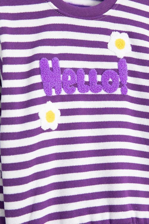Mor Papatya Nakışlı Çizgili Kız Çocuk Takım 23351