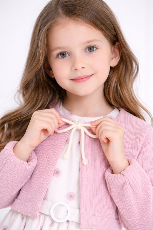 Pembe Bolerolu Çiçek Desenli Kuşaklı Kız Çocuk Elbise Takımı  23504