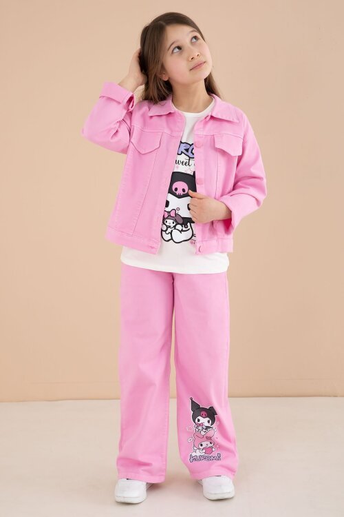 Pembe Cep Detaylı Ceketli Baskılı Tişörtlü Kız Çocuk 3lü Pantolonlu Takım 23589