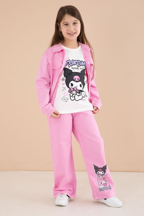 Pembe Cep Detaylı Ceketli Baskılı Tişörtlü Kız Çocuk 3lü Pantolonlu Takım 23589
