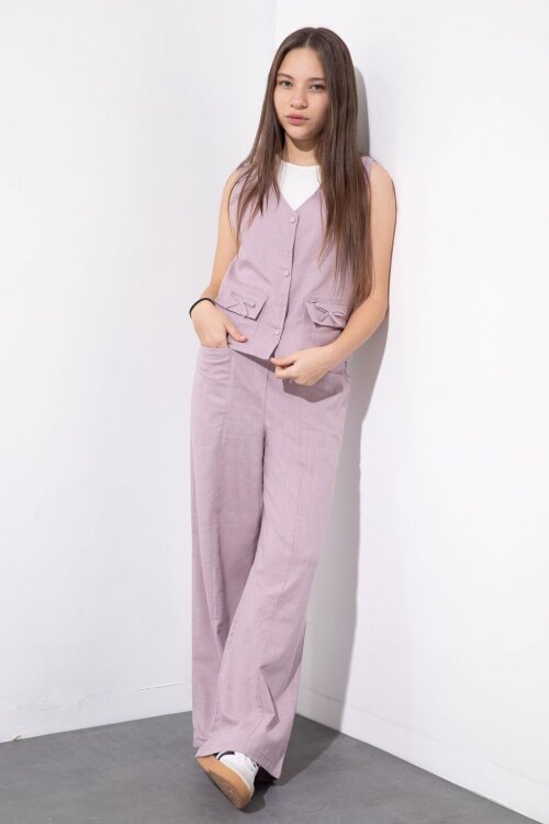 Pembe Cepli Keten Yelekli Yüksek Bel Pantolonlu Kız Çocuk Alt Üst Takım  23545