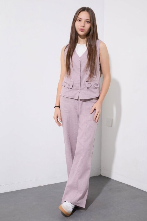 Pembe Cepli Keten Yelekli Yüksek Bel Pantolonlu Kız Çocuk Alt Üst Takım  23545