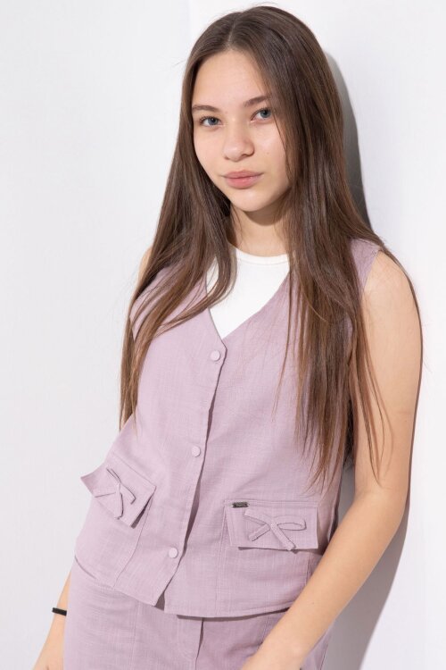 Pembe Cepli Keten Yelekli Yüksek Bel Pantolonlu Kız Çocuk Alt Üst Takım  23545