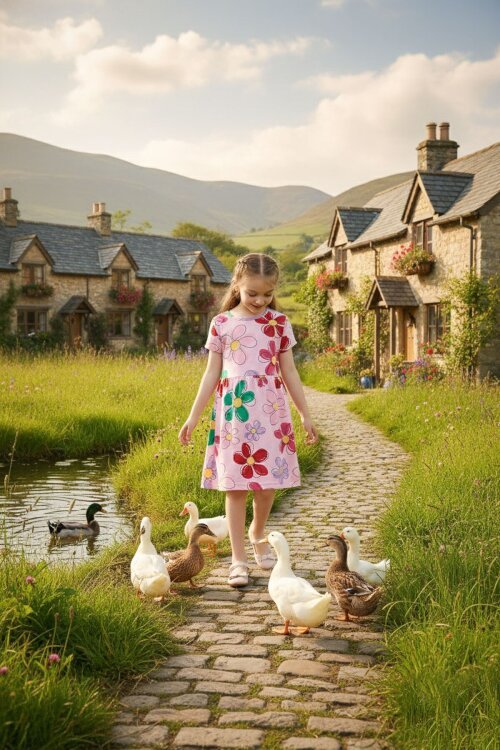 Pembe Çiçek Baskılı Kısa Kollu Kız Çocuk Elbise 18793