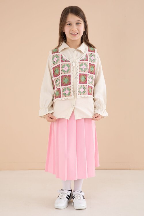 Pembe Çiçek Desen Örgü Süveterli Gömlekli Kız Çocuk Etekli 3lü Takım  23581