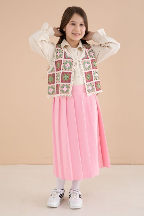 Pembe Çiçek Desen Örgü Süveterli Gömlekli Kız Çocuk Etekli 3lü Takım  23581