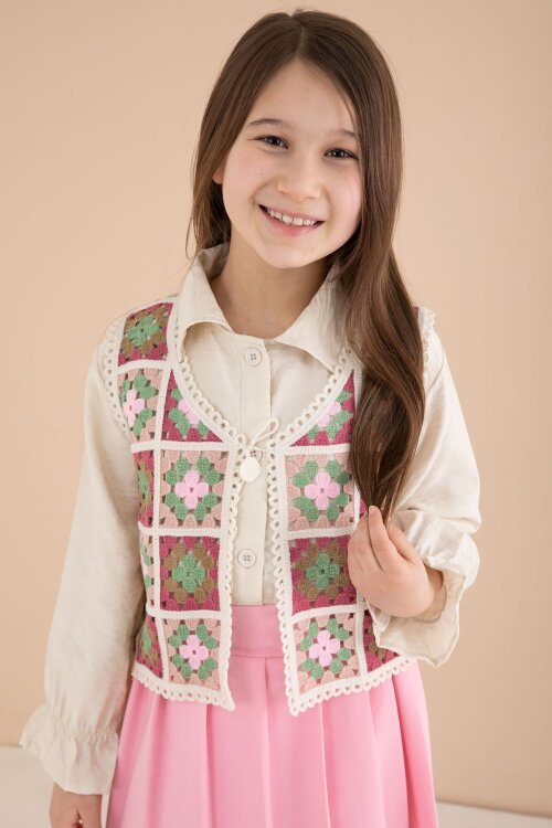 Pembe Çiçek Desen Örgü Süveterli Gömlekli Kız Çocuk Etekli 3lü Takım  23581