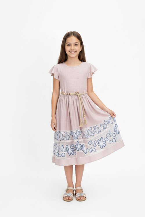 Pembe Çiçek Desenli Hasır Kuşaklı Kısa Kol Kız Çocuk Elbise 22676
