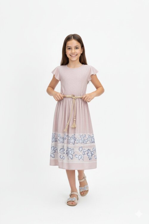 Pembe Çiçek Desenli Hasır Kuşaklı Kısa Kol Kız Çocuk Elbise 22676