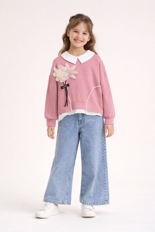 Pembe Çiçek Detaylı Badili Gömlekli Kız Çocuk 3lü Alt Üst Takım 23530