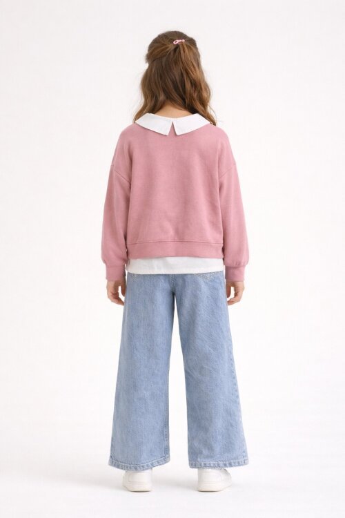 Pembe Çiçek Detaylı Badili Gömlekli Kız Çocuk 3lü Alt Üst Takım 23530