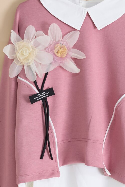 Pembe Çiçek Detaylı Badili Gömlekli Kız Çocuk 3lü Alt Üst Takım 23530