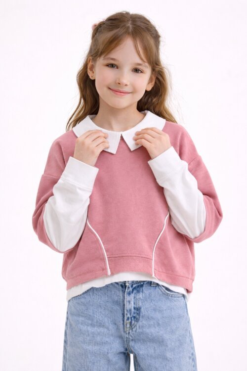 Pembe Çiçek Detaylı Badili Gömlekli Kız Çocuk 3lü Alt Üst Takım 23530