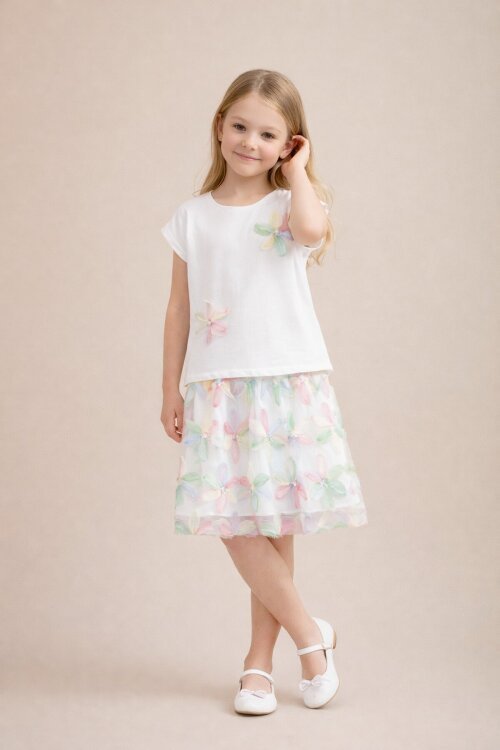 Pembe Çiçek İşlemeli Tüllü Etekli Kısa Kol Bluzlu Kız Çocuk 2li Takım 21046