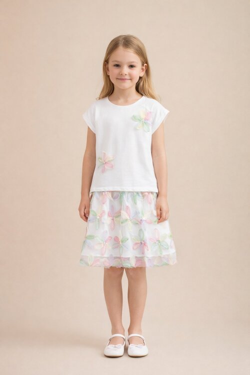 Pembe Çiçek İşlemeli Tüllü Etekli Kısa Kol Bluzlu Kız Çocuk 2li Takım 21046