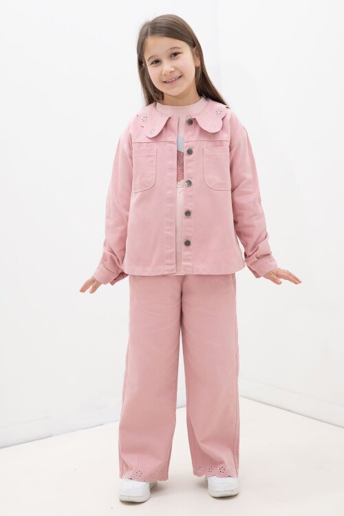 Pembe Çiçek Yaka Detaylı Ceketli Kız Çocuk Pantolonlu 3lü Takım 23630