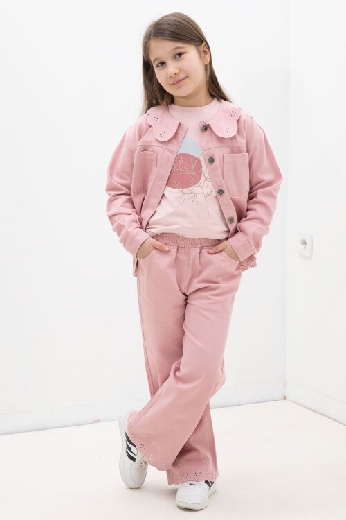 Pembe Çiçek Yaka Detaylı Ceketli Kız Çocuk Pantolonlu 3lü Takım 23630