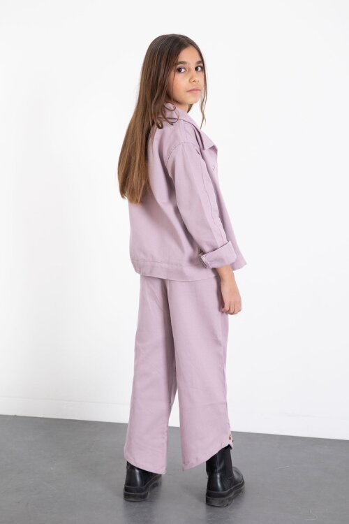 Pembe Çift Düğme Detay Gömlekli Pantolonlu Kız Çocuk Gabardin Takım 23540