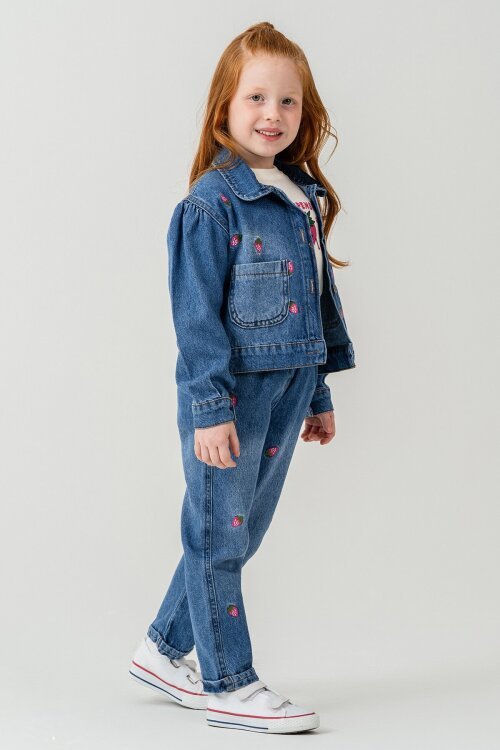 Pembe Çilek Nakışlı Jean Ceketli Pantolonlu Kız Çocuk 3lü Takım 23429