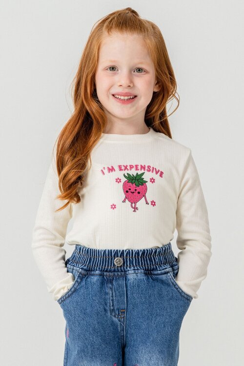 Pembe Çilek Nakışlı Jean Ceketli Pantolonlu Kız Çocuk 3lü Takım 23429