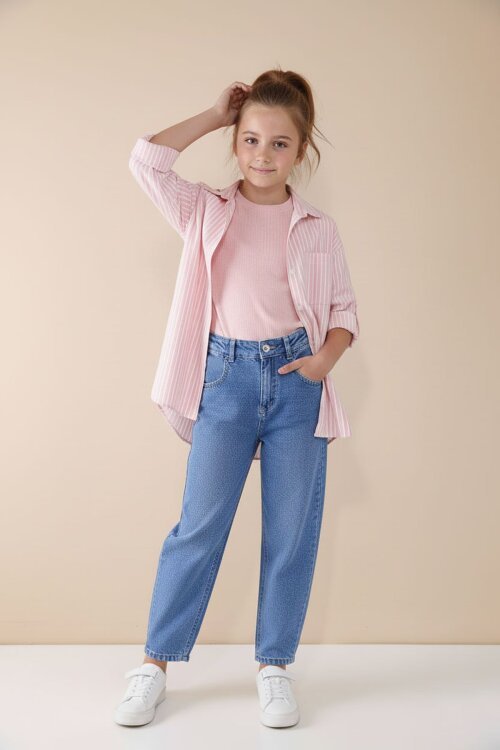 Pembe Çizgili Gömlekli Badili Kız Çocuk Pantolonlu 3lü Takım  23507