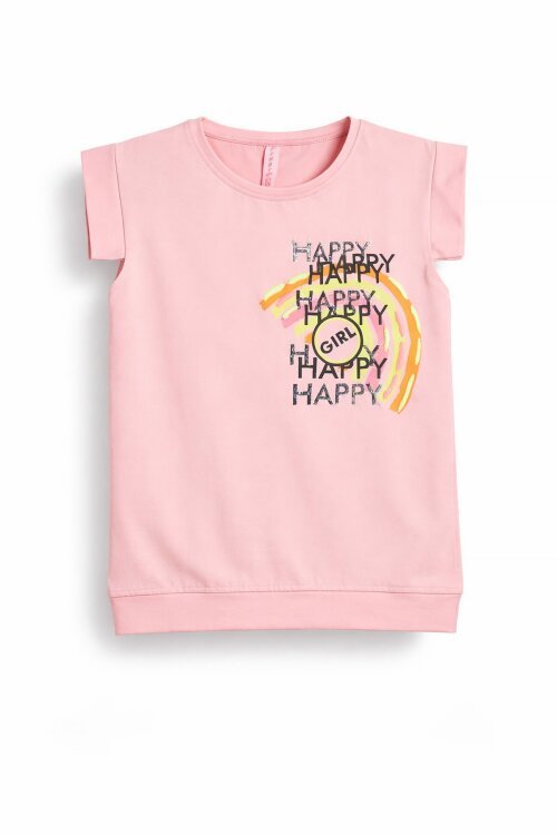 Pembe Gökkuşağı Nakışlı Kız Çocuk Tişört 15566