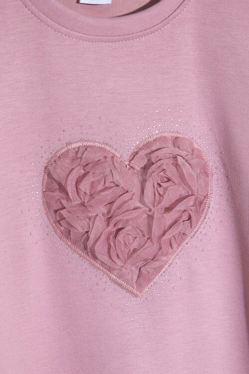 Pembe Gül Detaylı Geniş Paça Pantolonlu Kız Çocuk Badili 2li Takım 23730