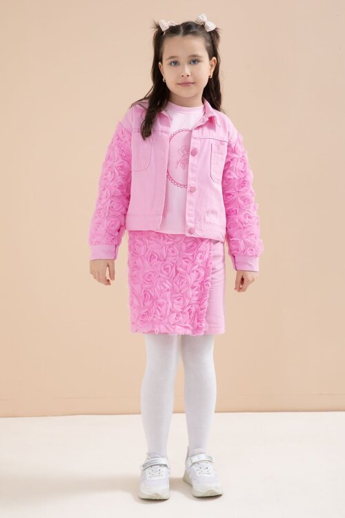 Pembe Gül Detaylı Şort Etekli ve Ceketli Kız Çocuk 3lü Badili Takım 23609