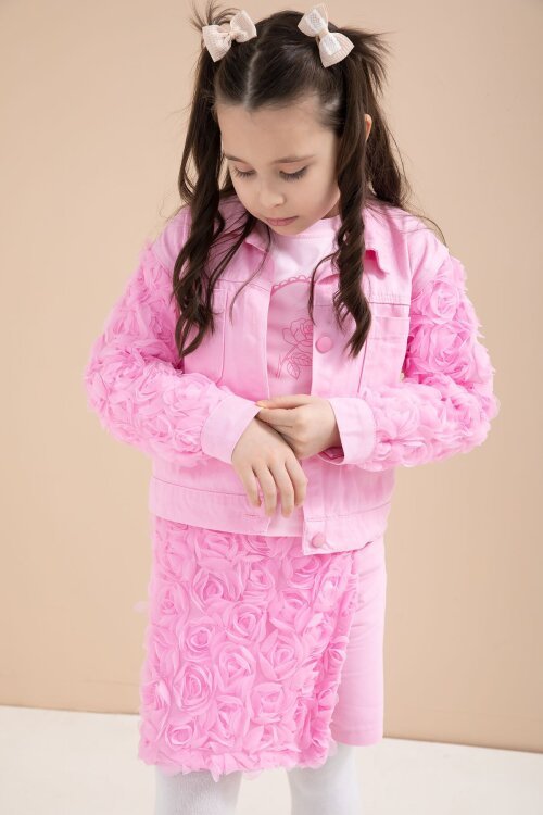Pembe Gül Detaylı Şort Etekli ve Ceketli Kız Çocuk 3lü Badili Takım 23609