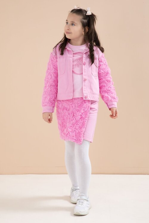 Pembe Gül Detaylı Şort Etekli ve Ceketli Kız Çocuk 3lü Badili Takım 23609