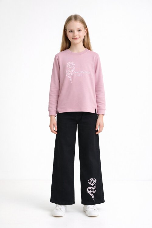 Pembe Gül Nakışlı Badili Jean Pantolonlu Kız Çocuk 2li Takım 23750