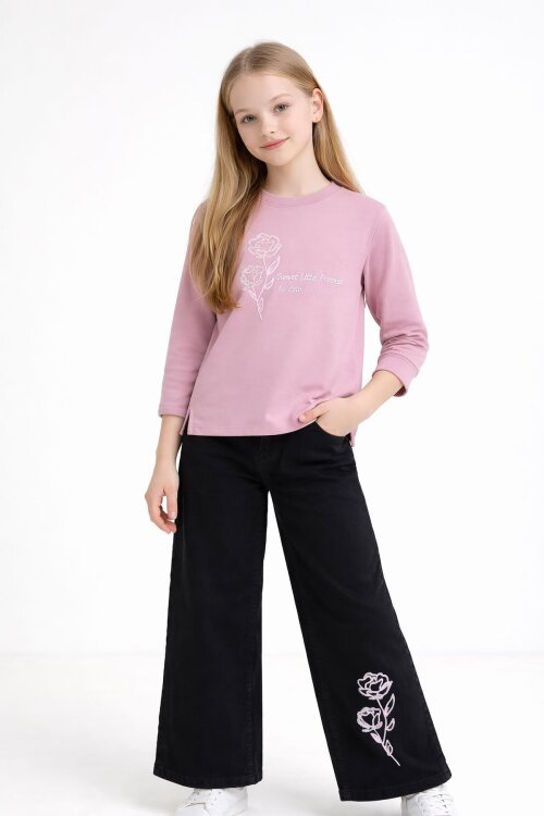 Pembe Gül Nakışlı Badili Jean Pantolonlu Kız Çocuk 2li Takım 23750