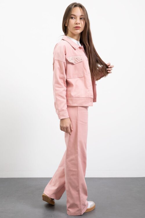 Pembe İnci Detaylı Jean Ceketli Kız Çocuk 3lü Pantolonlu Takım  23481