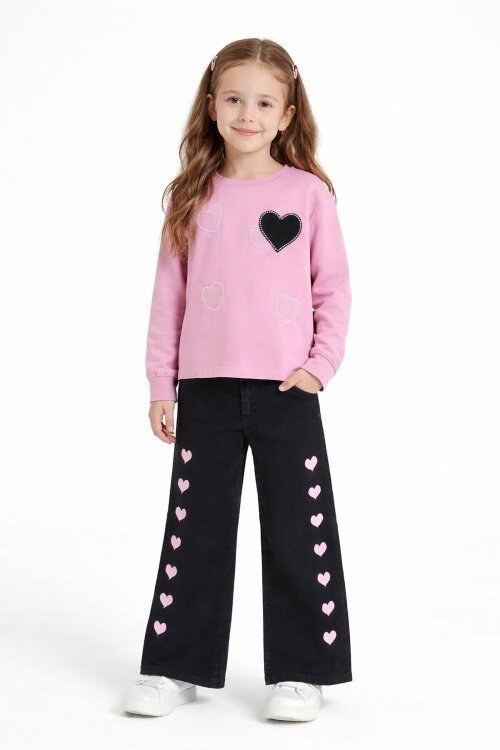 Pembe Kalp Desenli Badili Jean Pantolonlu Kız Çocuk 2li Takım  23744