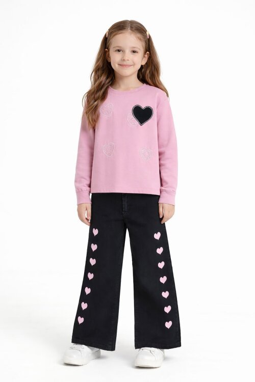 Pembe Kalp Desenli Badili Jean Pantolonlu Kız Çocuk 2li Takım  23744